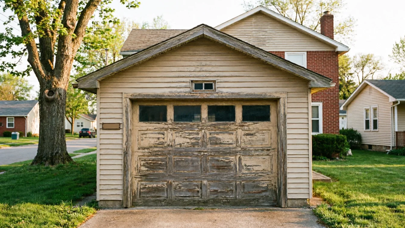 A weathered garage door with peeling paint is attached to a detached garage.