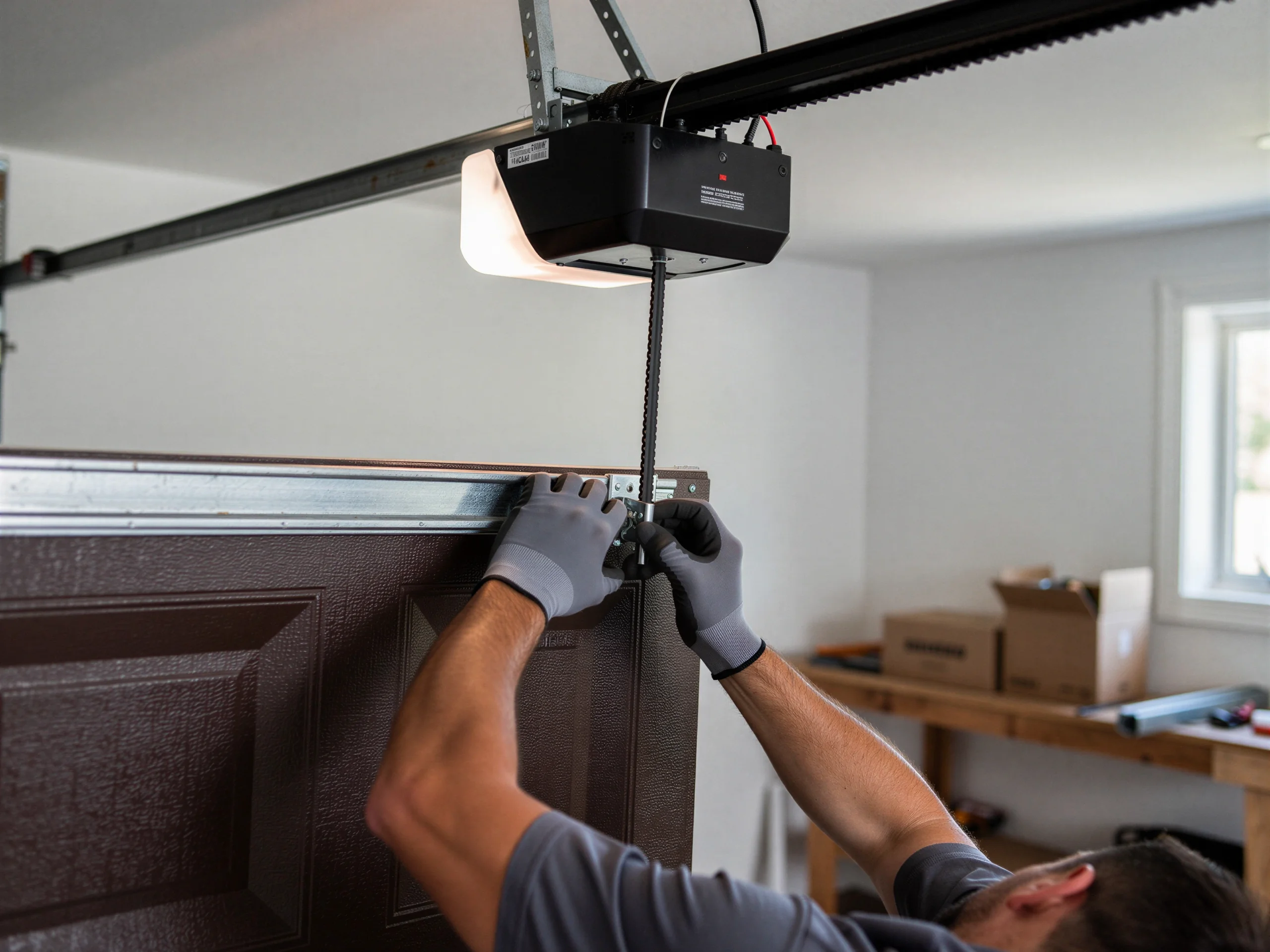 A technician in gloves works on a brown garage door under an opener.