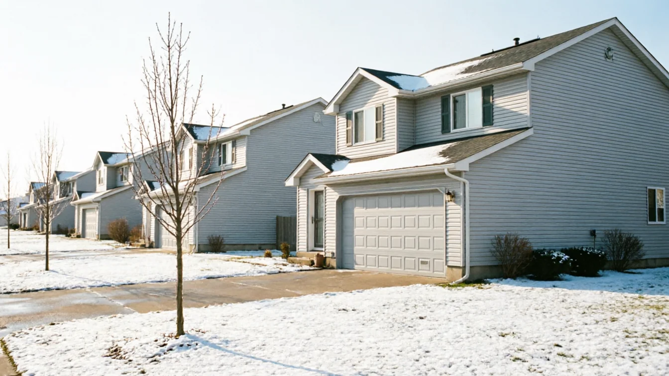 A row of houses with light gray siding and white garage doors in winter.