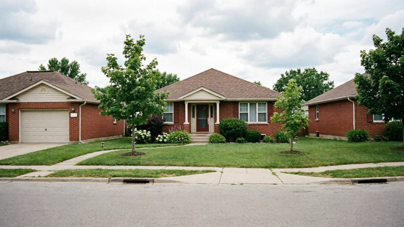 A brick house with a beige garage door is visible from the street.